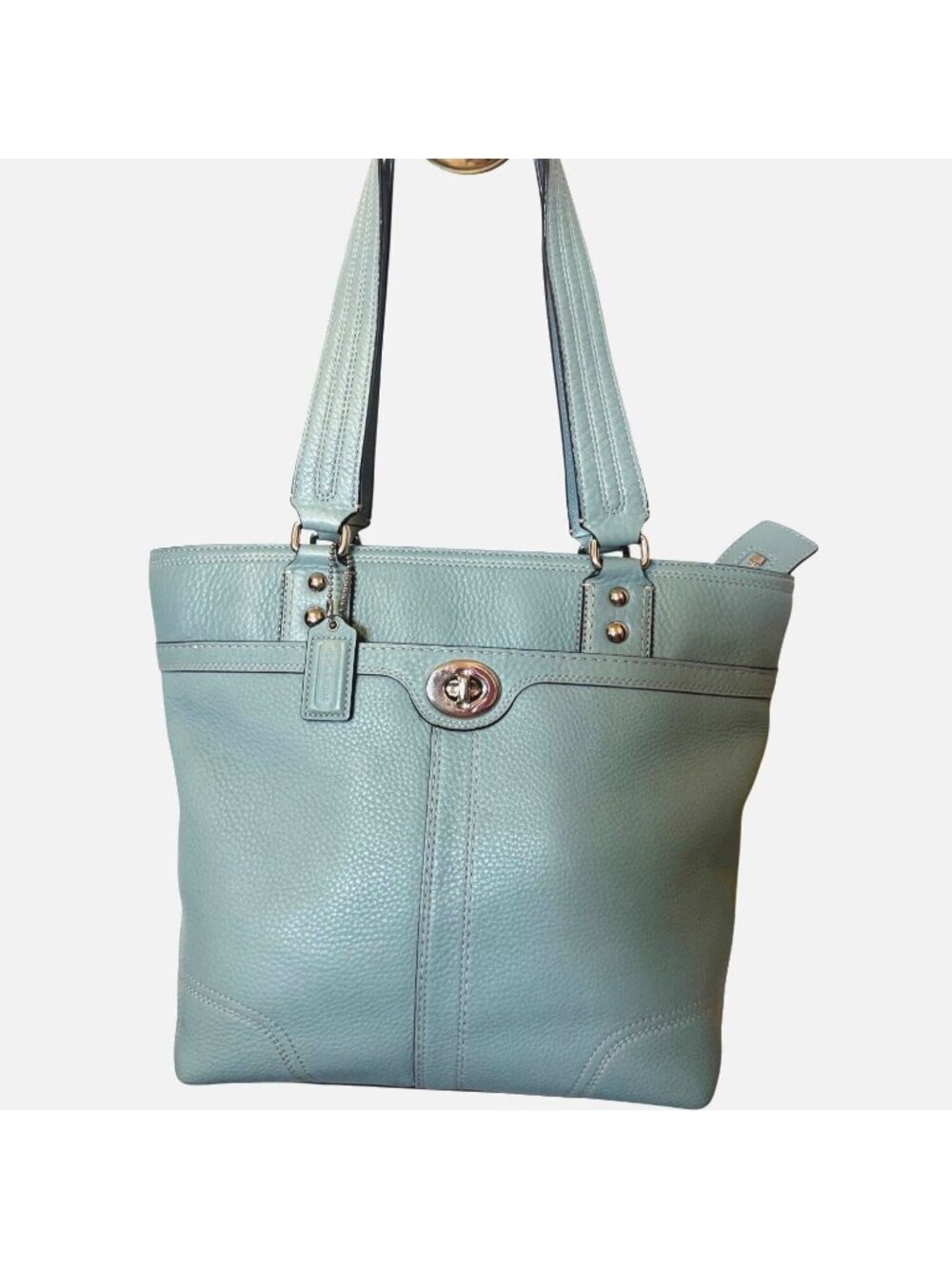 Coach Azure Teal Hampton Hamilton Leather Tote Satchel With Turnlock F13959